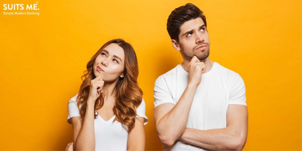 happy young people man and woman in basic clothing thinking about what are standing orders vs direct debits whilst touching chin and looking aside over yellow background