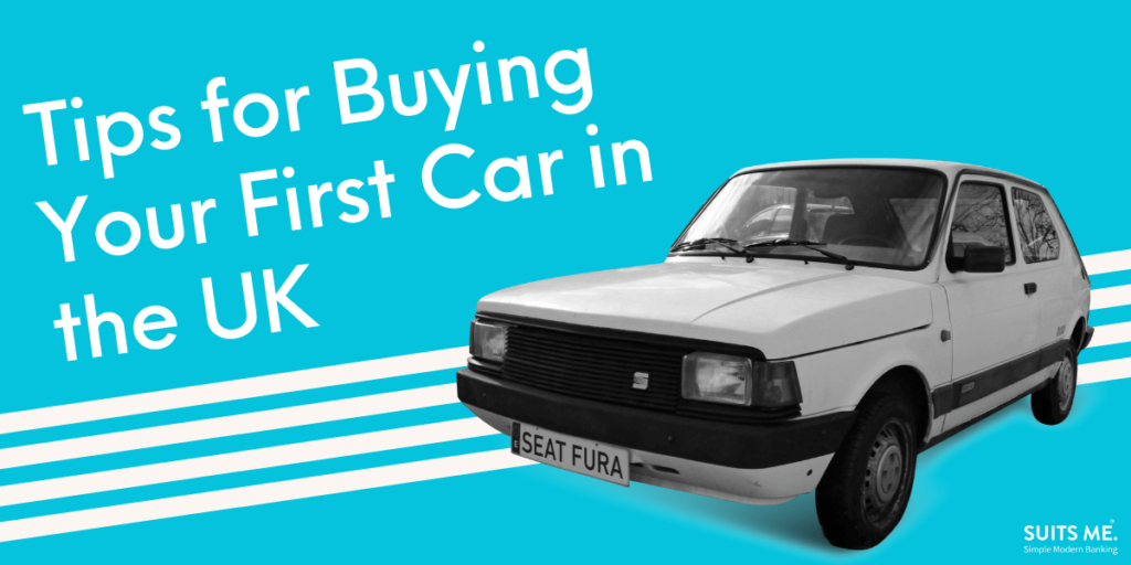 Blue background with black and white image of a SEAT Fura, Text "Tips for Buying Your First Car" with 4 white lines