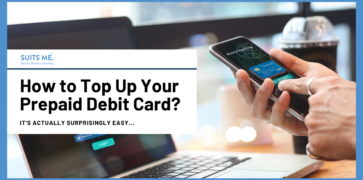 How to Top Up a Prepaid Card? bold text with someone topping up a debit card on their mobile banking