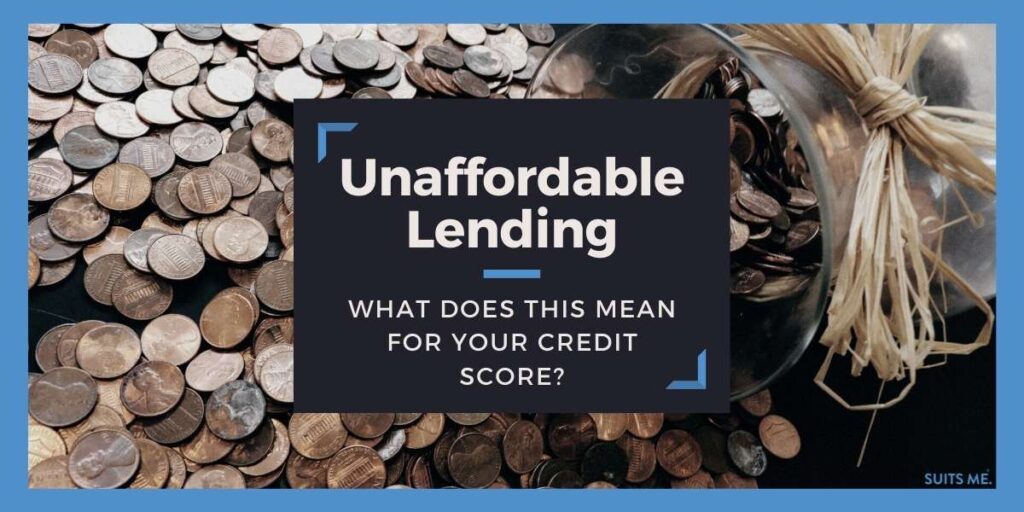 Image of Coins falling out of a glass jar, with blue border and black text box with white bold font. Unaffordable lending concept