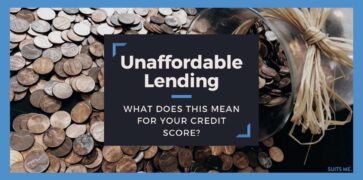 Image of Coins falling out of a glass jar, with blue border and black text box with white bold font. Unaffordable lending concept