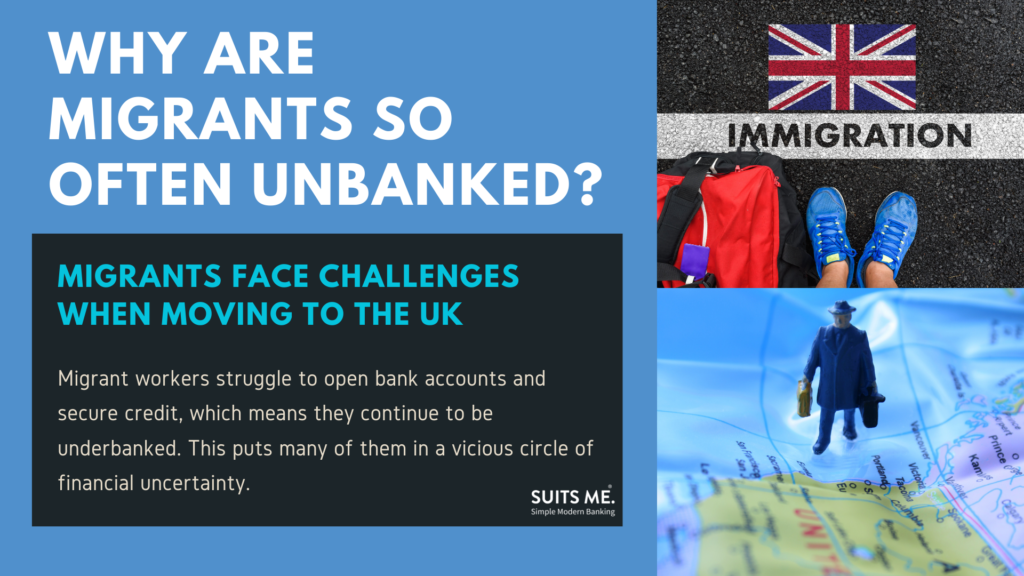 Why are Migrants Often Unbanked? bold text with person waiting at UK immigration and a toy human walking across a map