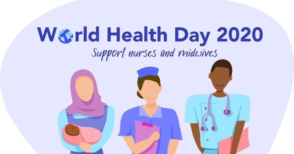 Nurses illustration that reads "support nurses and midwives"