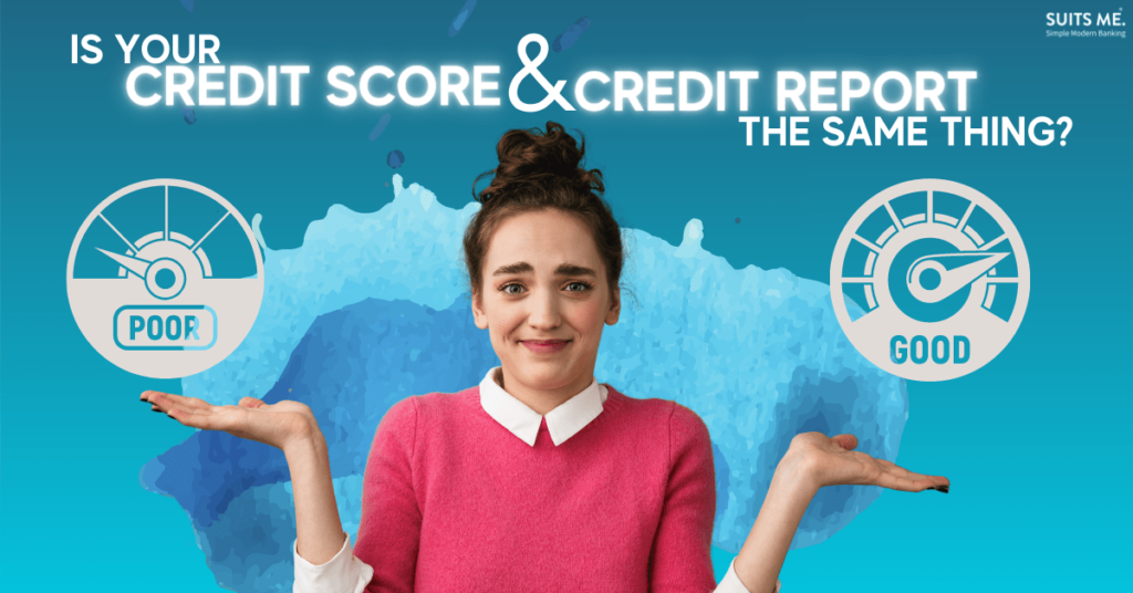 Blue water colour style background with white text and image of girl looking confused about her credit score