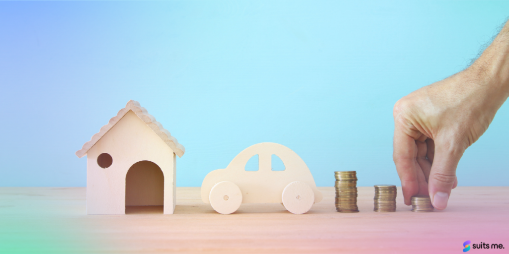 Person Stacking Money Next to an Wooden Toy Car and House. Representing Good Financial Habits