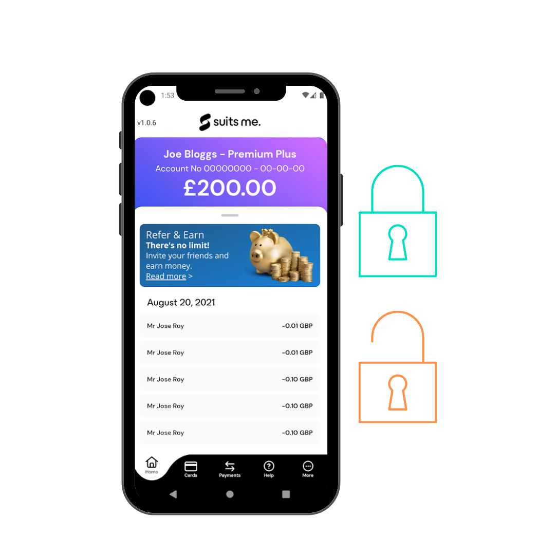 The Suits Me® mobile banking app with padlocks