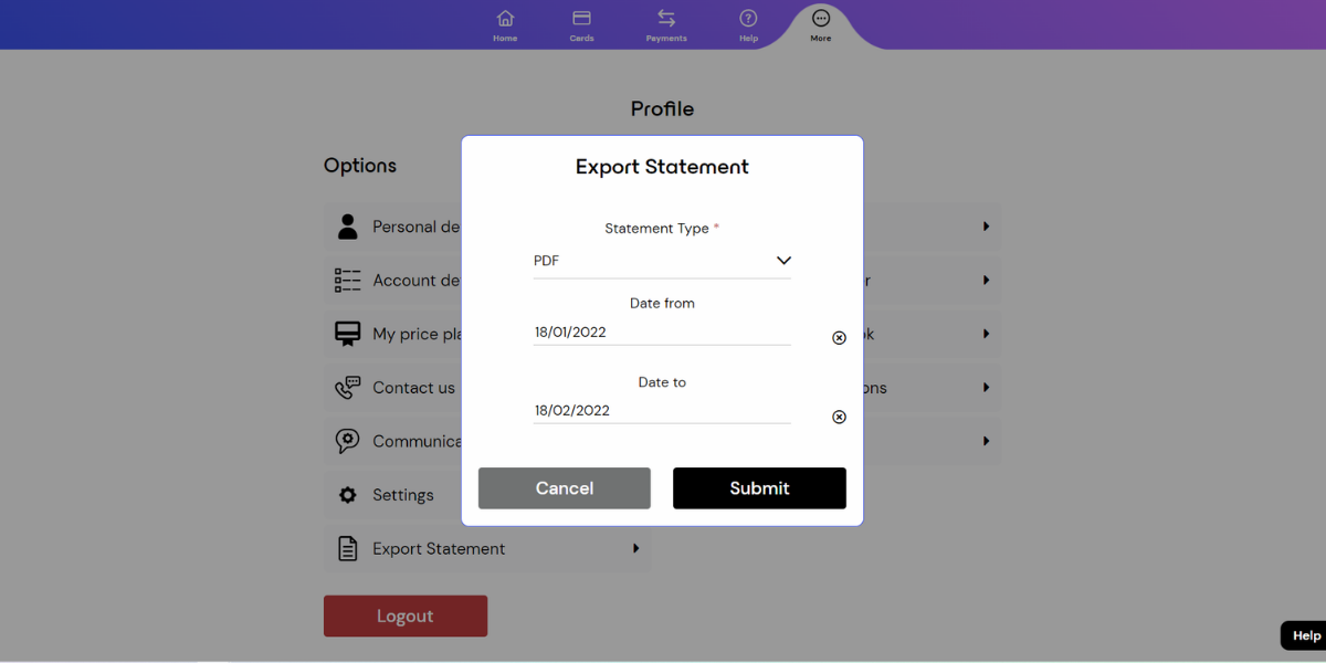 Suits Me® online banking showing how to export statement