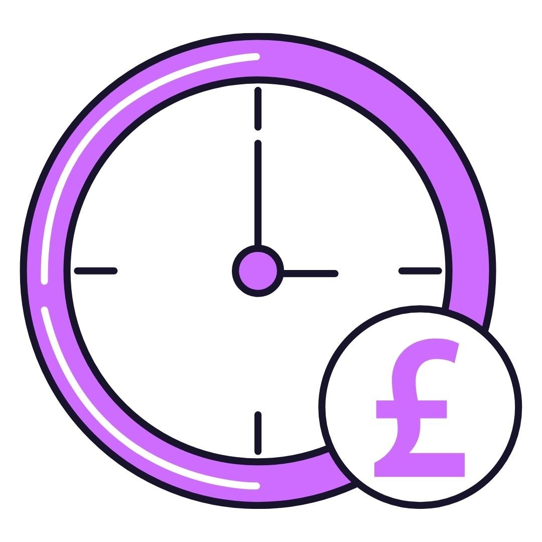 a purple clock with a pound sign next to it