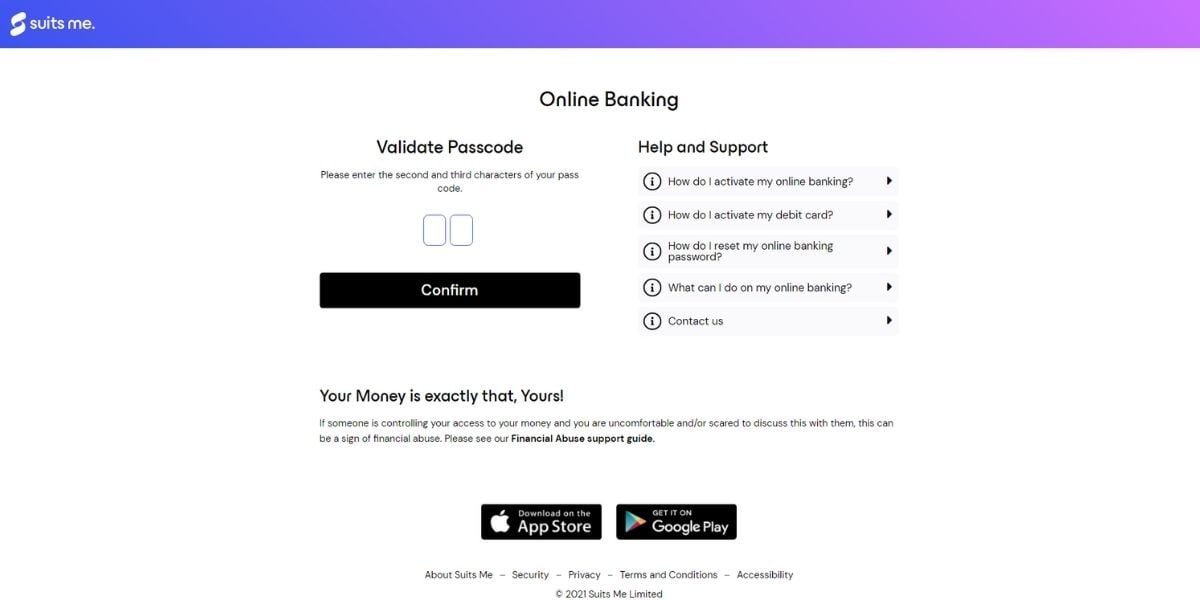 Suits Me® online banking asking to validate password