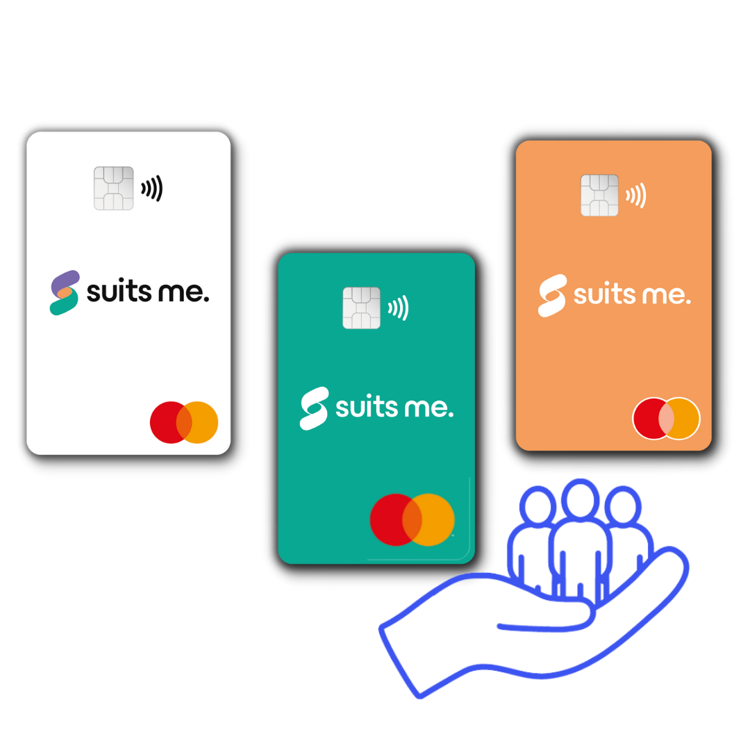 Three Suits Me® cards with a hand holding people as we are financially inclusive