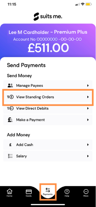 View Standing Orders on payment menu screen