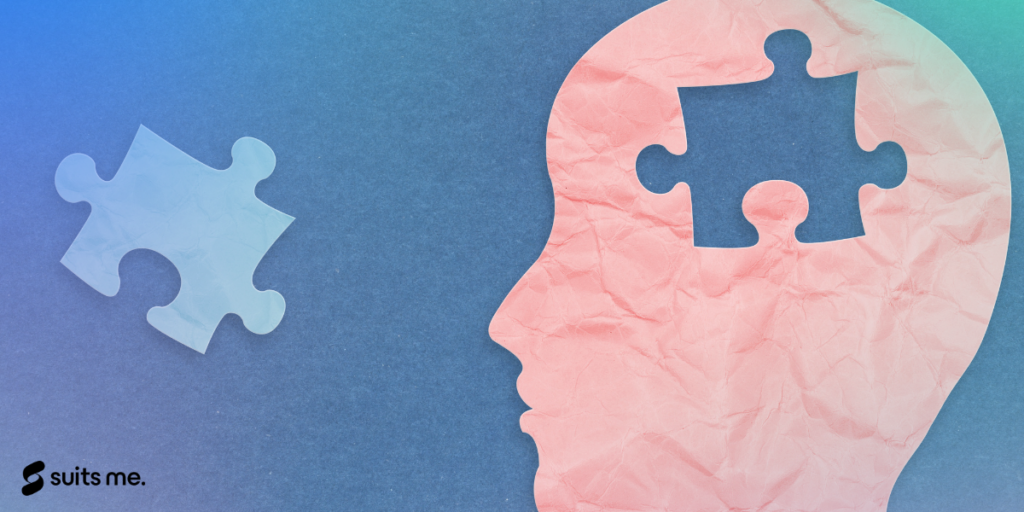 Blue background with a picture of a head with a piece missing and a puzzle piece next to it to represent their mental health