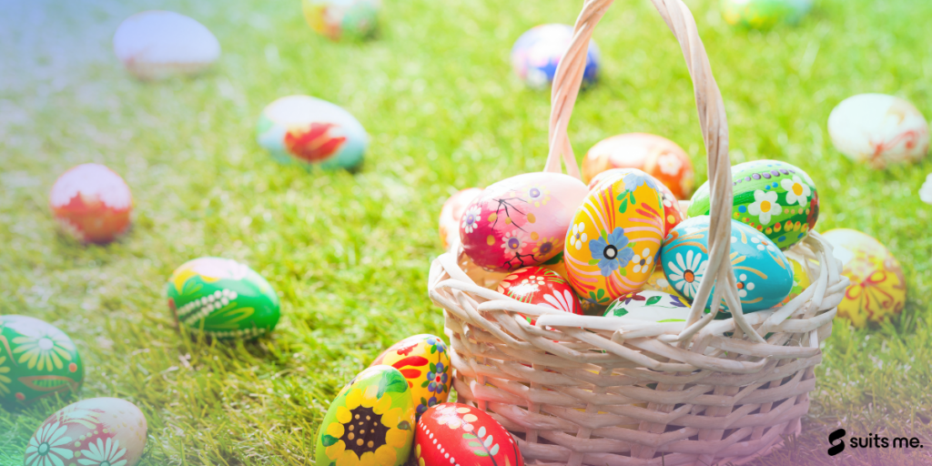 Basket holding Easter Eggs, with some on the floor around it.