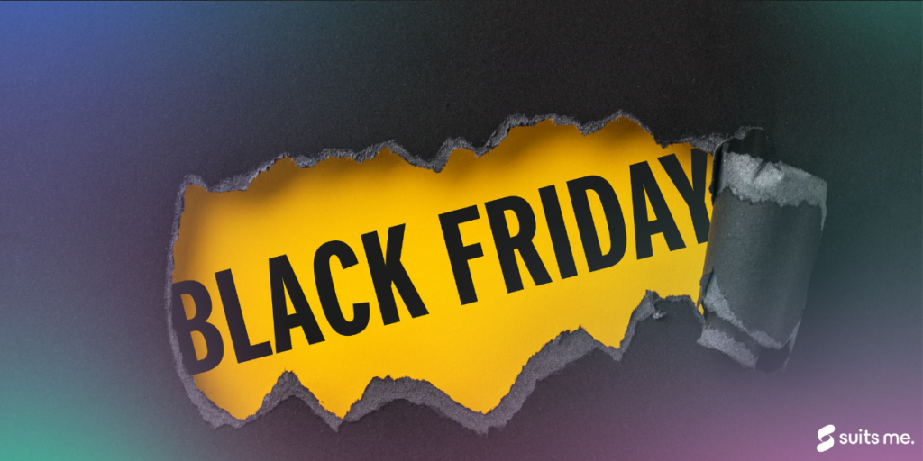 Image of a Black Friday poster.  Black paper torn and underneath a yellow sign with Black Friday text.